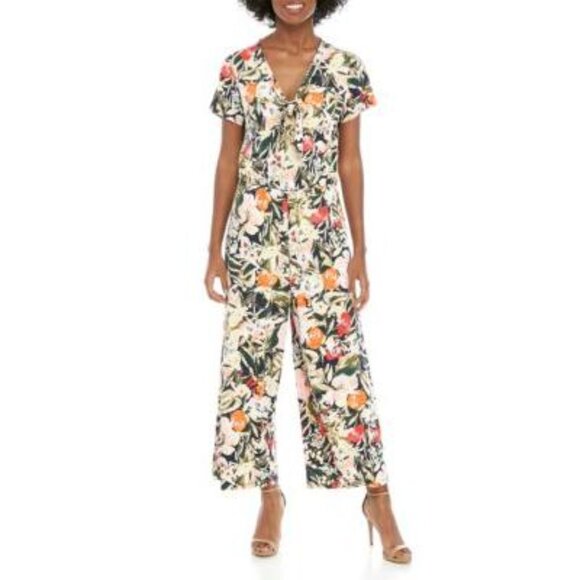 Ellen Tracy Big Flower Field Ink Tie Front Floral Jumpsuit Size L NWT - Picture 1 of 8